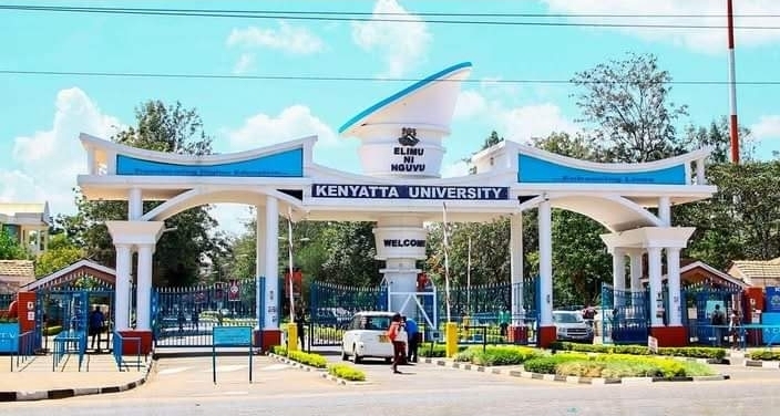 Kenyatta University main gate with students walking in and out, symbolizing campus life and youth culture in Kenya.