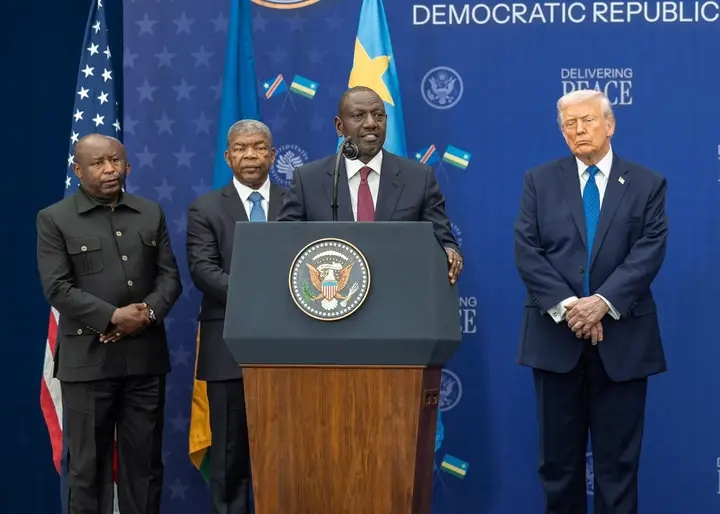 President Ruto making a speech in Washington after overseeing the signing of Rwanda-Congo peace accord